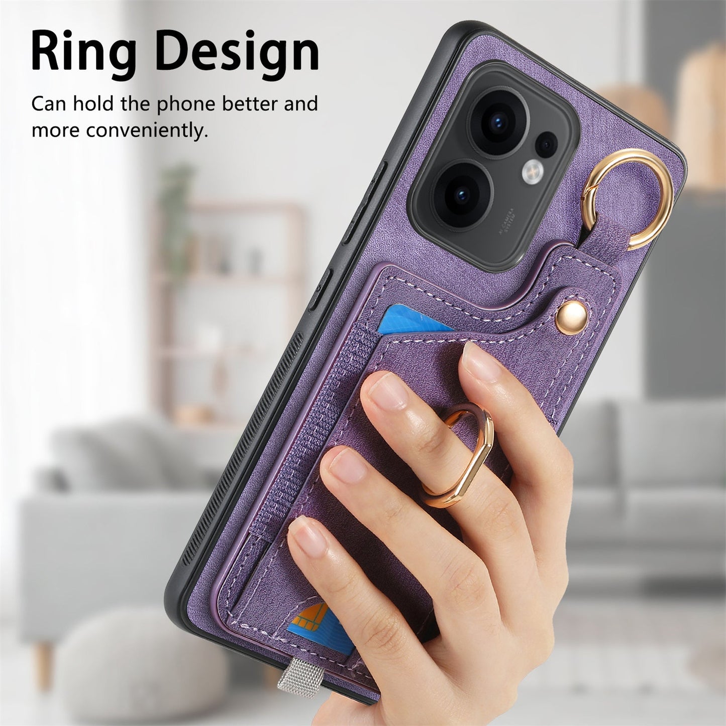For Oppo Reno13 F 5G Retro Leather Phone Back Cover with Card Slots and Ring Holder - Purple