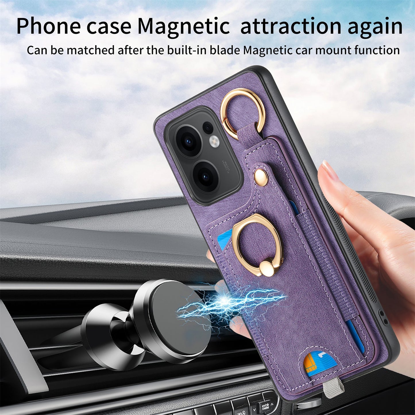 For Oppo Reno13 F 5G Retro Leather Phone Back Cover with Card Slots and Ring Holder - Purple