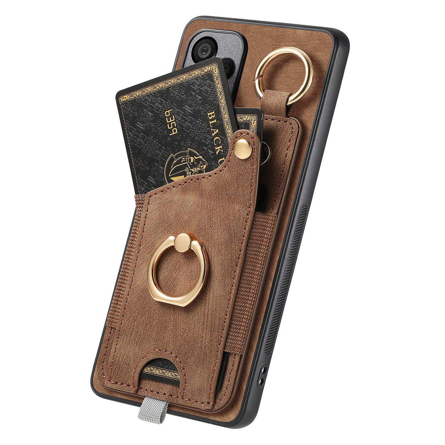 For Oppo Reno13 F 5G Retro Leather Phone Back Cover with Card Slots and Ring Holder - Brown