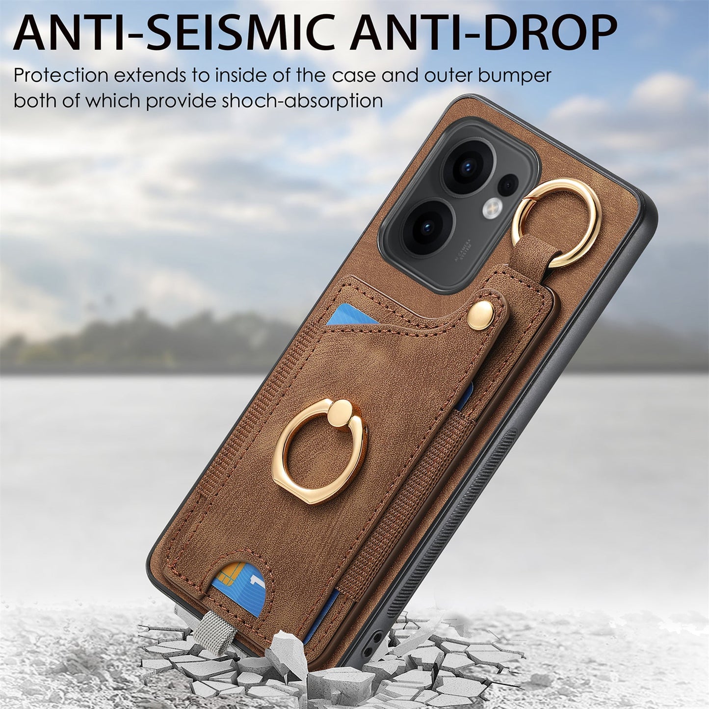For Oppo Reno13 F 5G Retro Leather Phone Back Cover with Card Slots and Ring Holder - Brown