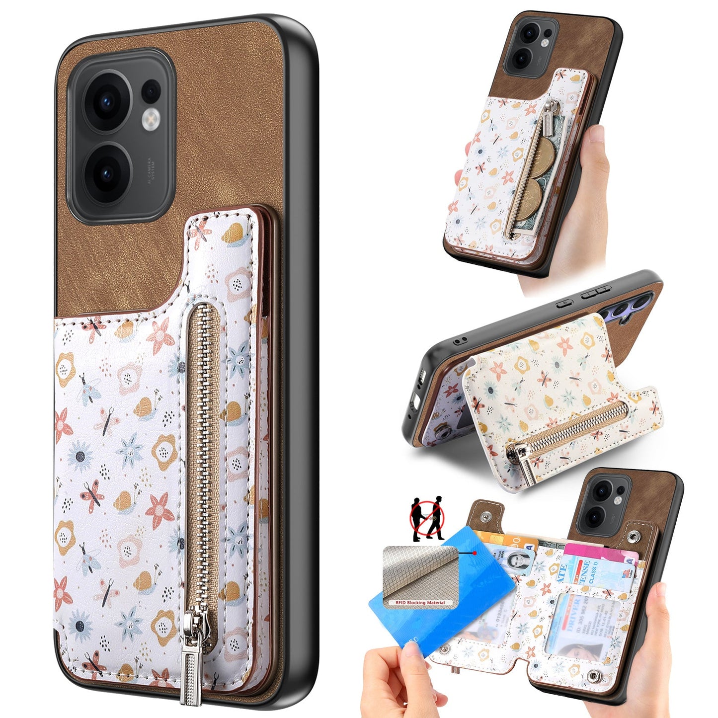 For Oppo Reno13 F 5G Leather Phone Cover with RFID Blocking Zipper Card Bag Kickstand - Brown
