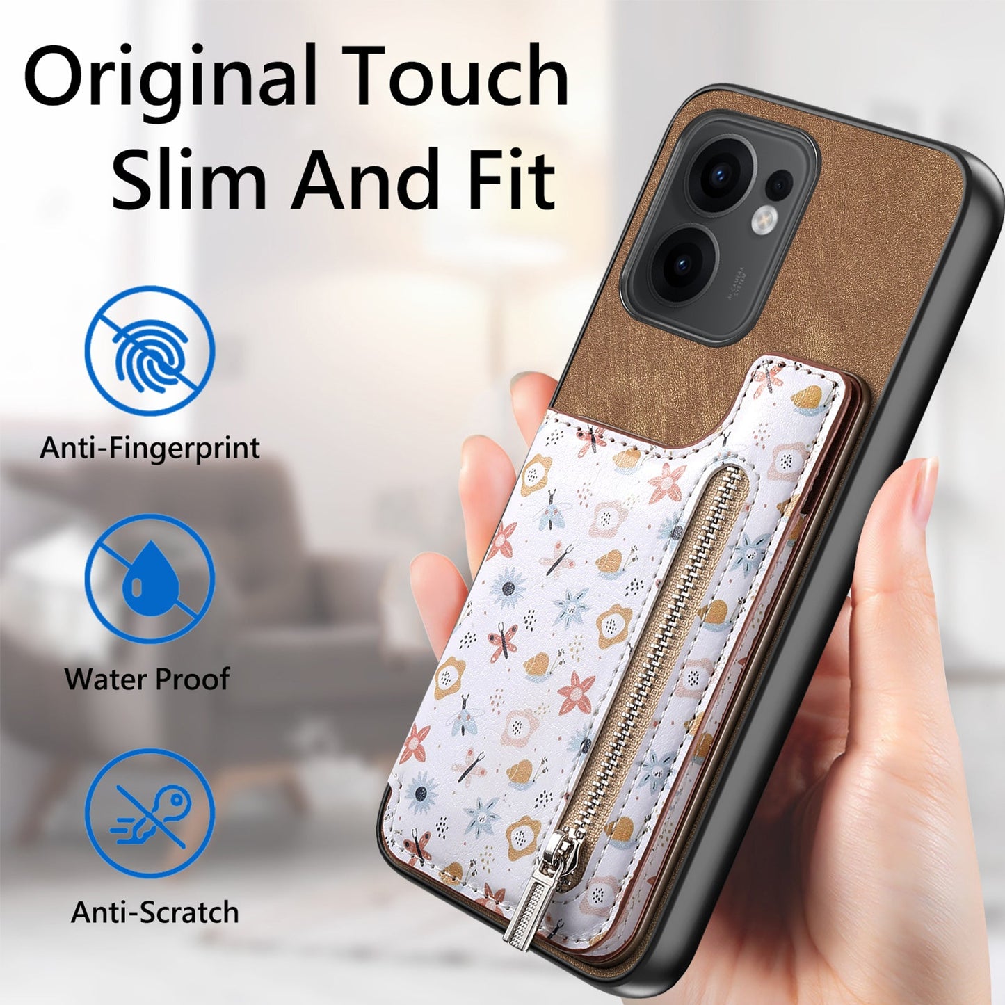 For Oppo Reno13 F 5G Leather Phone Cover with RFID Blocking Zipper Card Bag Kickstand - Brown