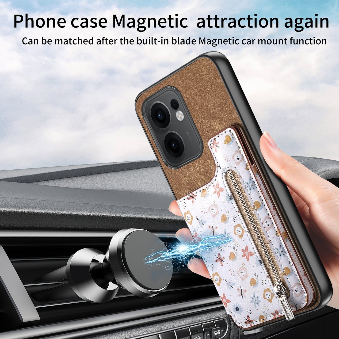 For Oppo Reno13 F 5G Leather Phone Cover with RFID Blocking Zipper Card Bag Kickstand - Brown