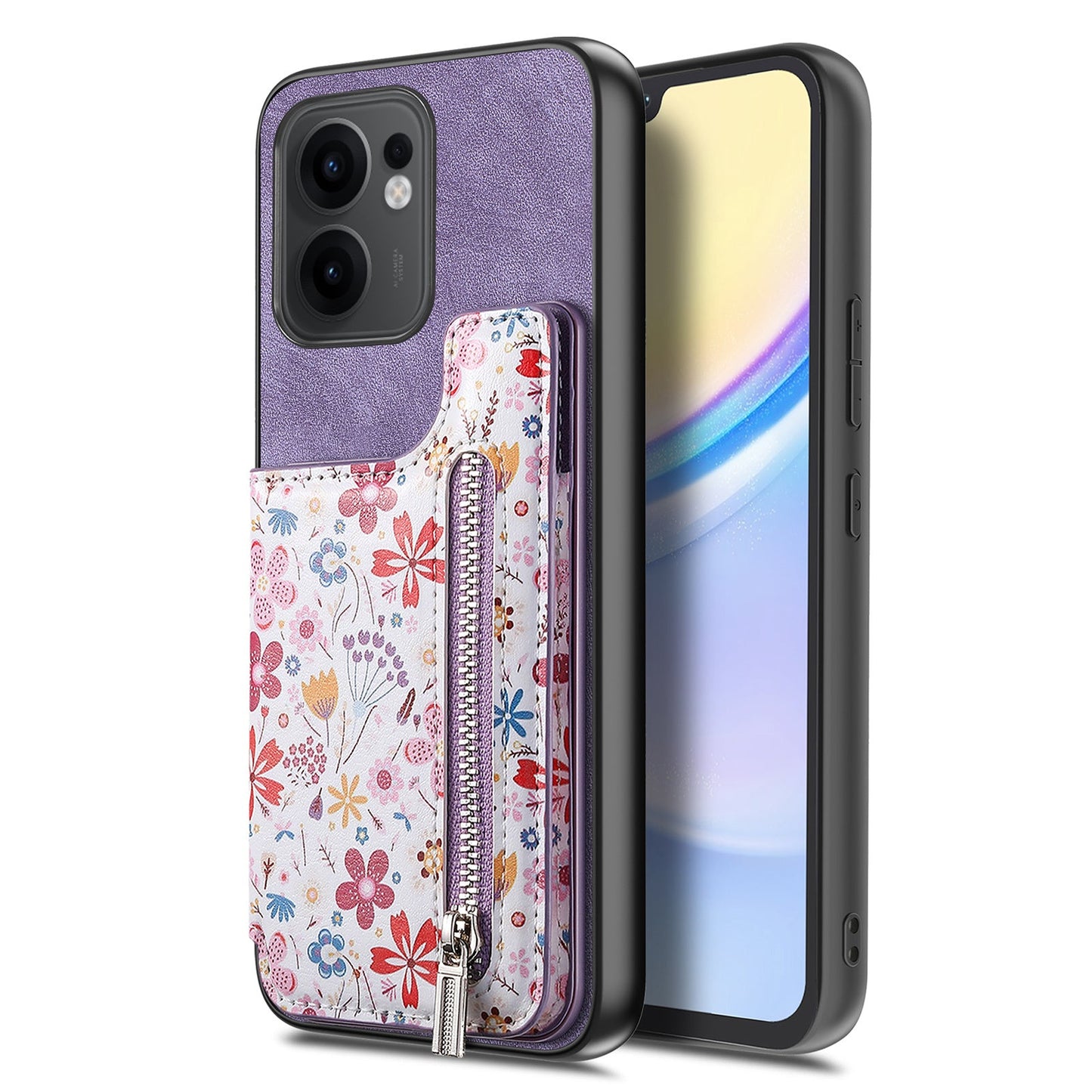 For Oppo Reno13 F 5G Leather Phone Cover with RFID Blocking Zipper Card Bag Kickstand - Purple