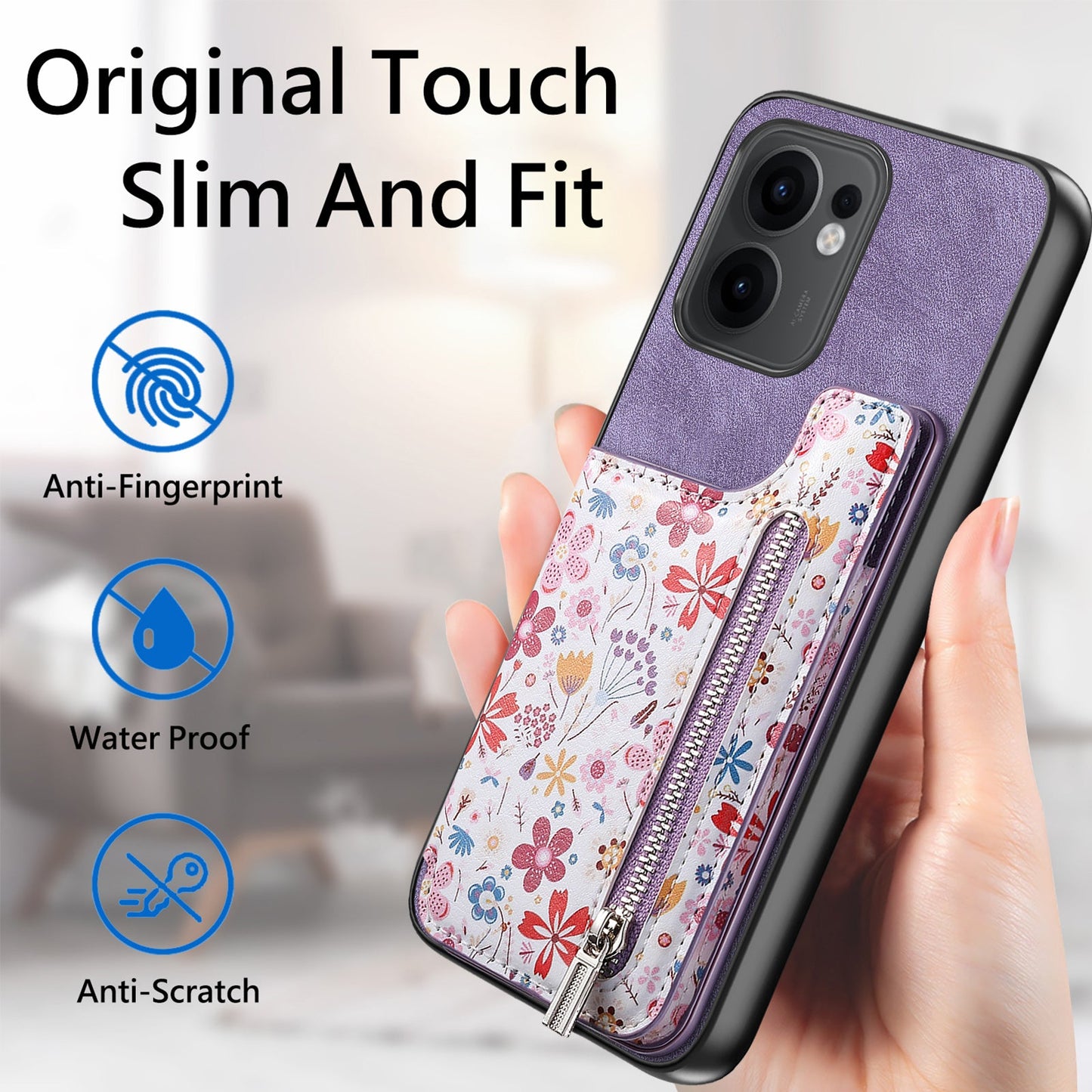 For Oppo Reno13 F 5G Leather Phone Cover with RFID Blocking Zipper Card Bag Kickstand - Purple