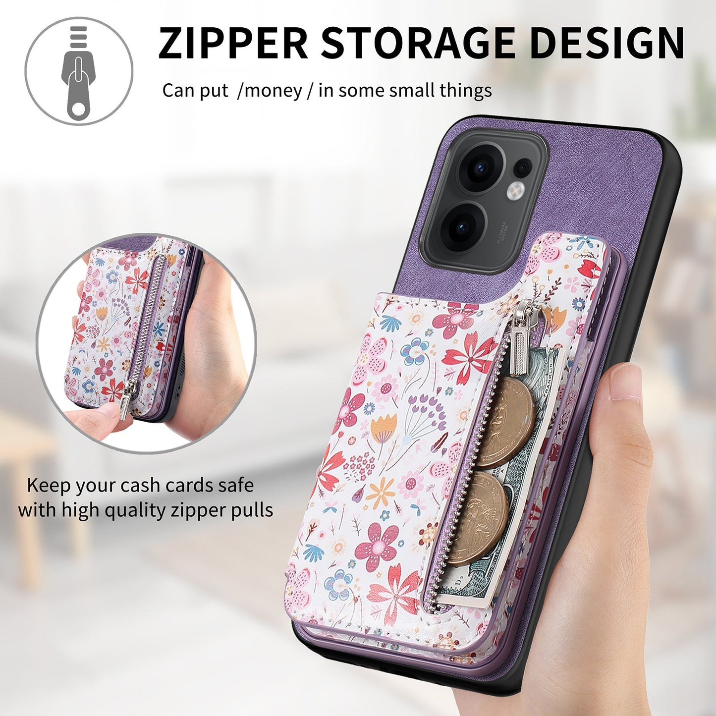 For Oppo Reno13 F 5G Leather Phone Cover with RFID Blocking Zipper Card Bag Kickstand - Purple