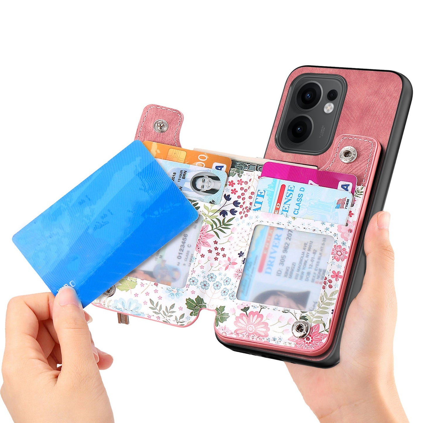 For Oppo Reno13 F 5G Leather Phone Cover with RFID Blocking Zipper Card Bag Kickstand - Pink