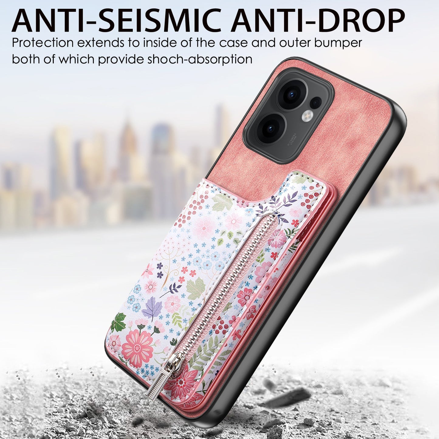 For Oppo Reno13 F 5G Leather Phone Cover with RFID Blocking Zipper Card Bag Kickstand - Pink