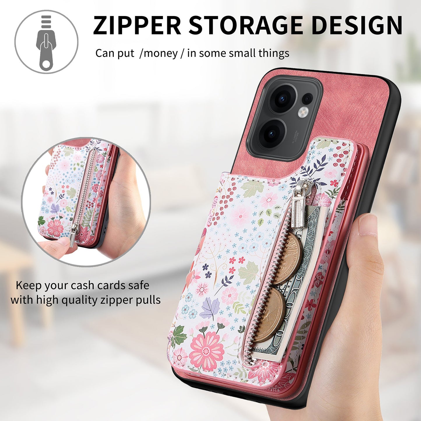 For Oppo Reno13 F 5G Leather Phone Cover with RFID Blocking Zipper Card Bag Kickstand - Pink