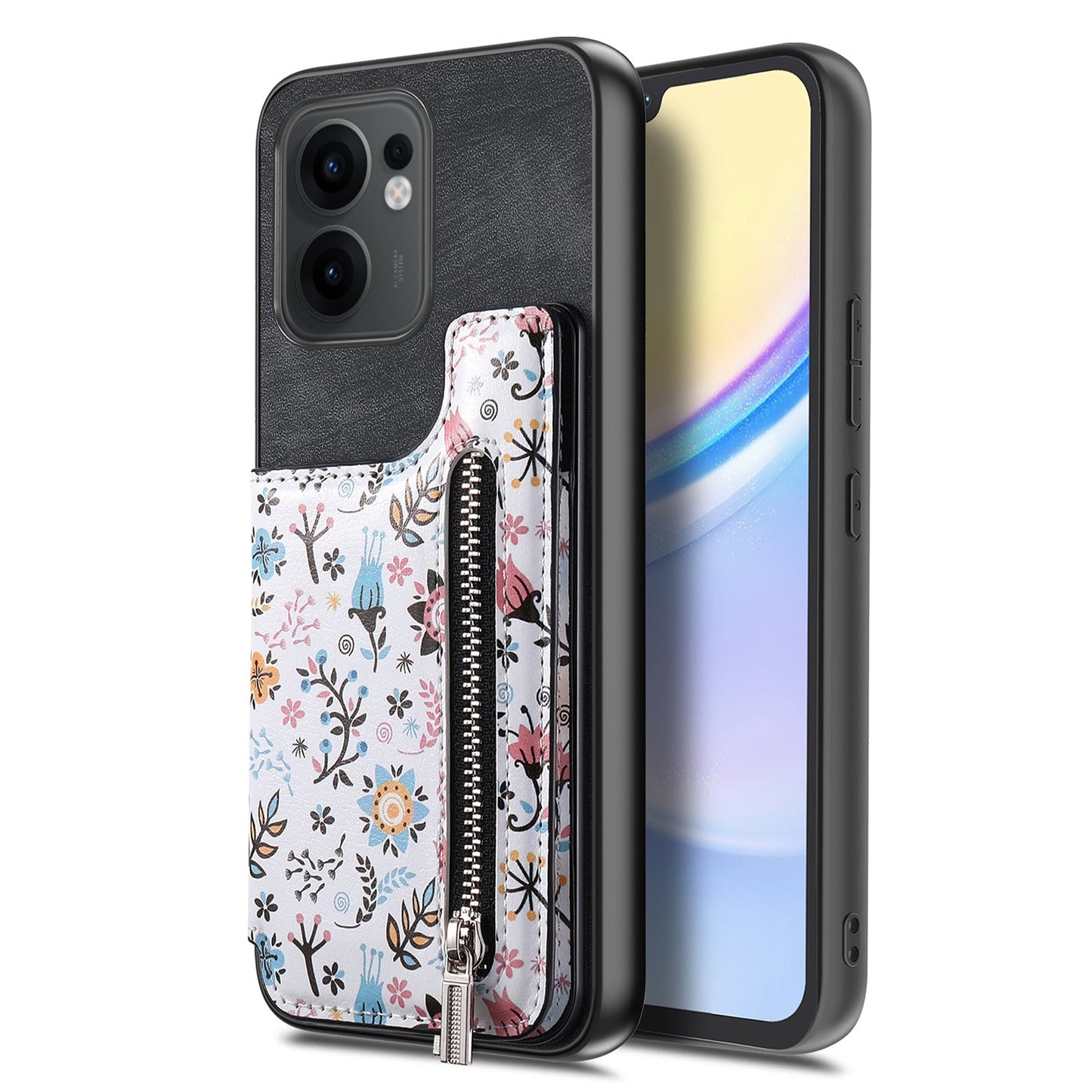 For Oppo Reno13 F 5G Leather Phone Cover with RFID Blocking Zipper Card Bag Kickstand - Black