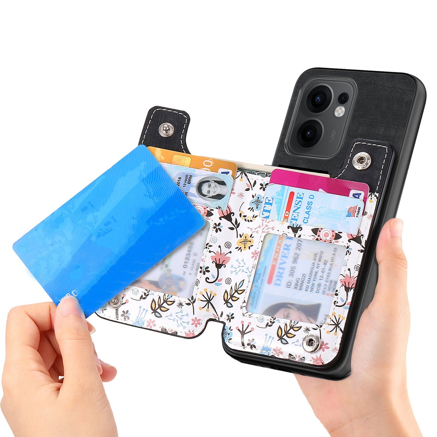 For Oppo Reno13 F 5G Leather Phone Cover with RFID Blocking Zipper Card Bag Kickstand - Black