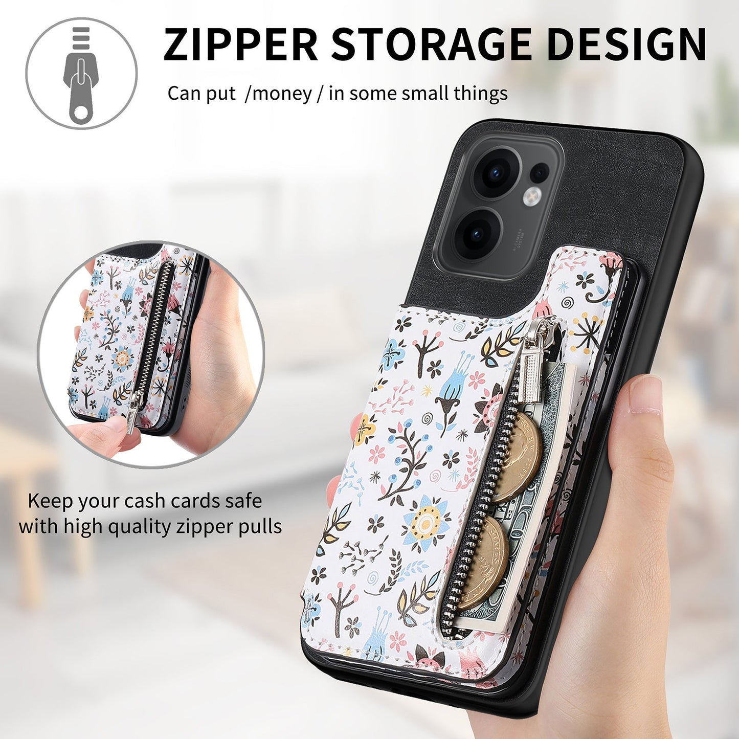 For Oppo Reno13 F 5G Leather Phone Cover with RFID Blocking Zipper Card Bag Kickstand - Black