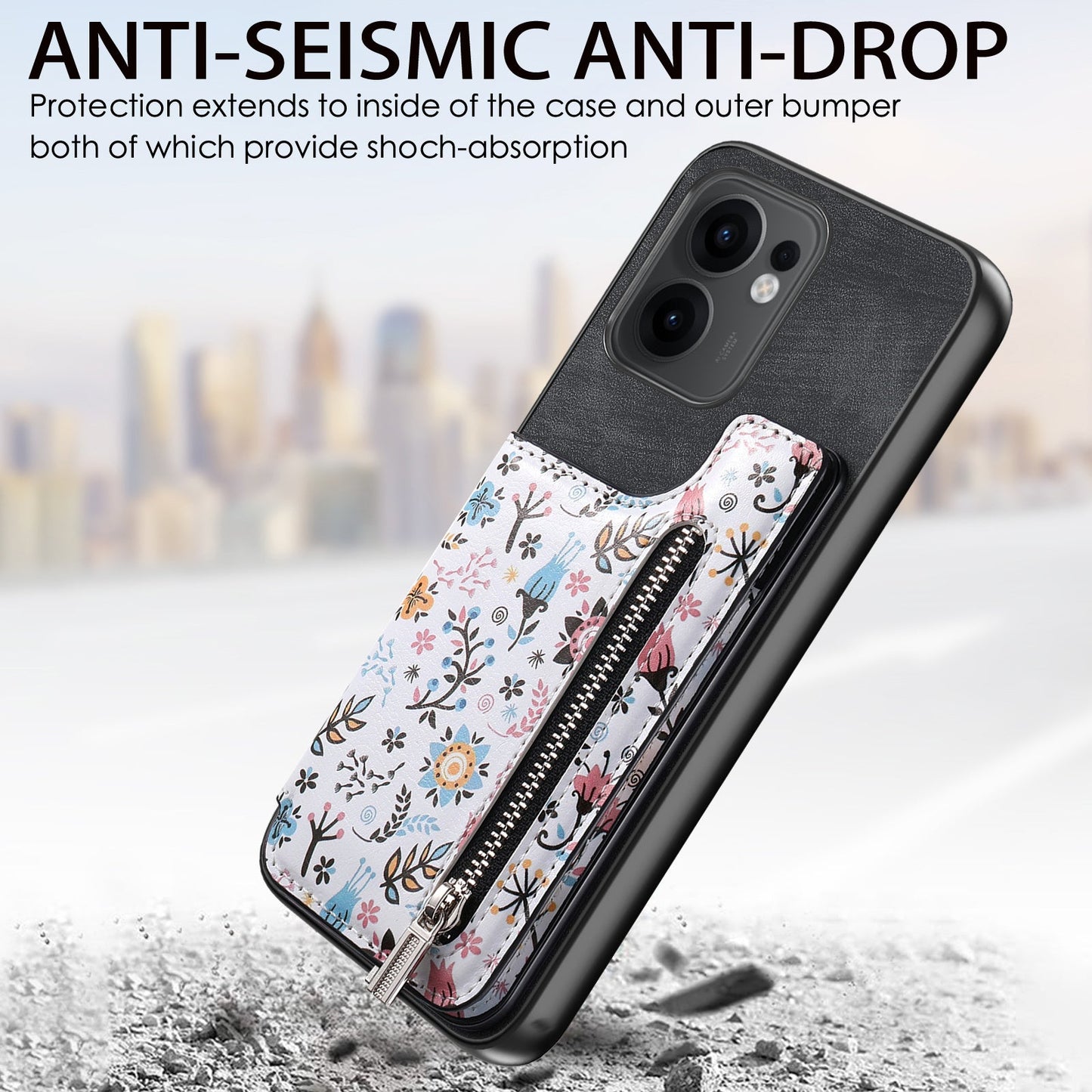 For Oppo Reno13 F 5G Leather Phone Cover with RFID Blocking Zipper Card Bag Kickstand - Black