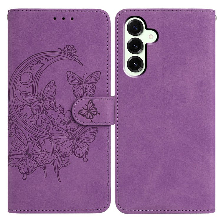 For Samsung Galaxy M16 5G / F16 5G Case Butterfly Flower Imprinted PU Leather Wallet Stand Phone Cover - Purple