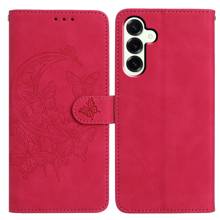 For Samsung Galaxy M16 5G / F16 5G Case Butterfly Flower Imprinted PU Leather Wallet Stand Phone Cover - Rose