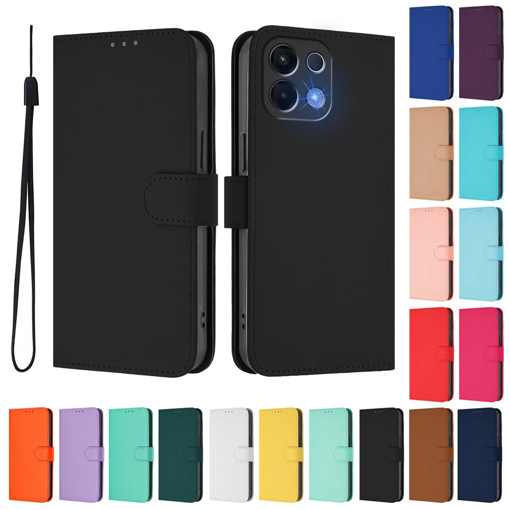 For Oppo K13 5G Case Solid Color Wallet Leather Phone Cover with Strap - Black