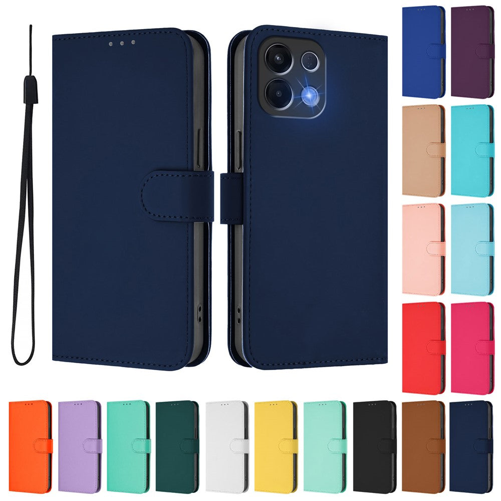 For Oppo K13 5G Case Solid Color Wallet Leather Phone Cover with Strap - Navy Blue