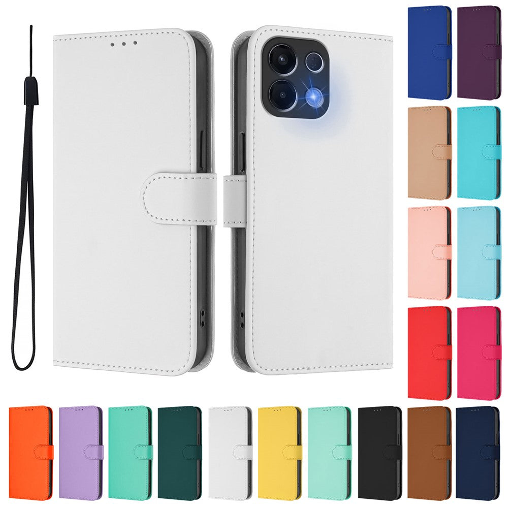 For Oppo K13 5G Case Solid Color Wallet Leather Phone Cover with Strap - White