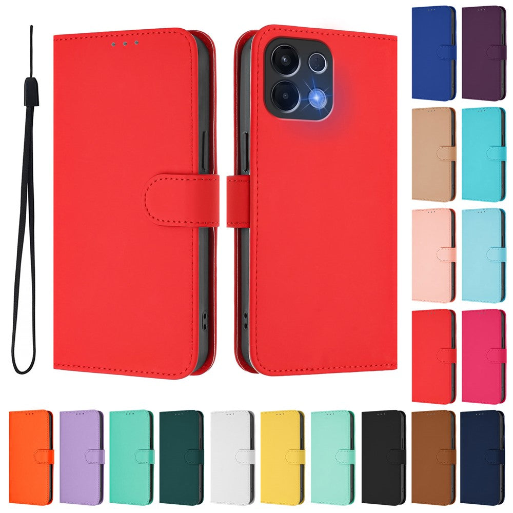For Oppo K13 5G Case Solid Color Wallet Leather Phone Cover with Strap - Bright Red