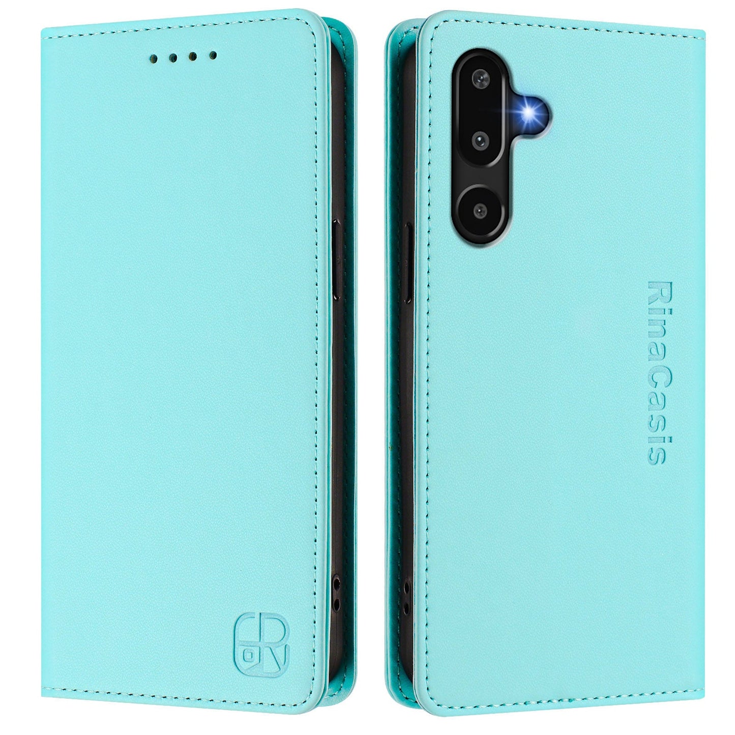 For Samsung Galaxy M16 5G / Galaxy F16 5G Leather Case RINACASIS RC01 Phone Cover with RFID Blocking Wallet Stand - Mint Green