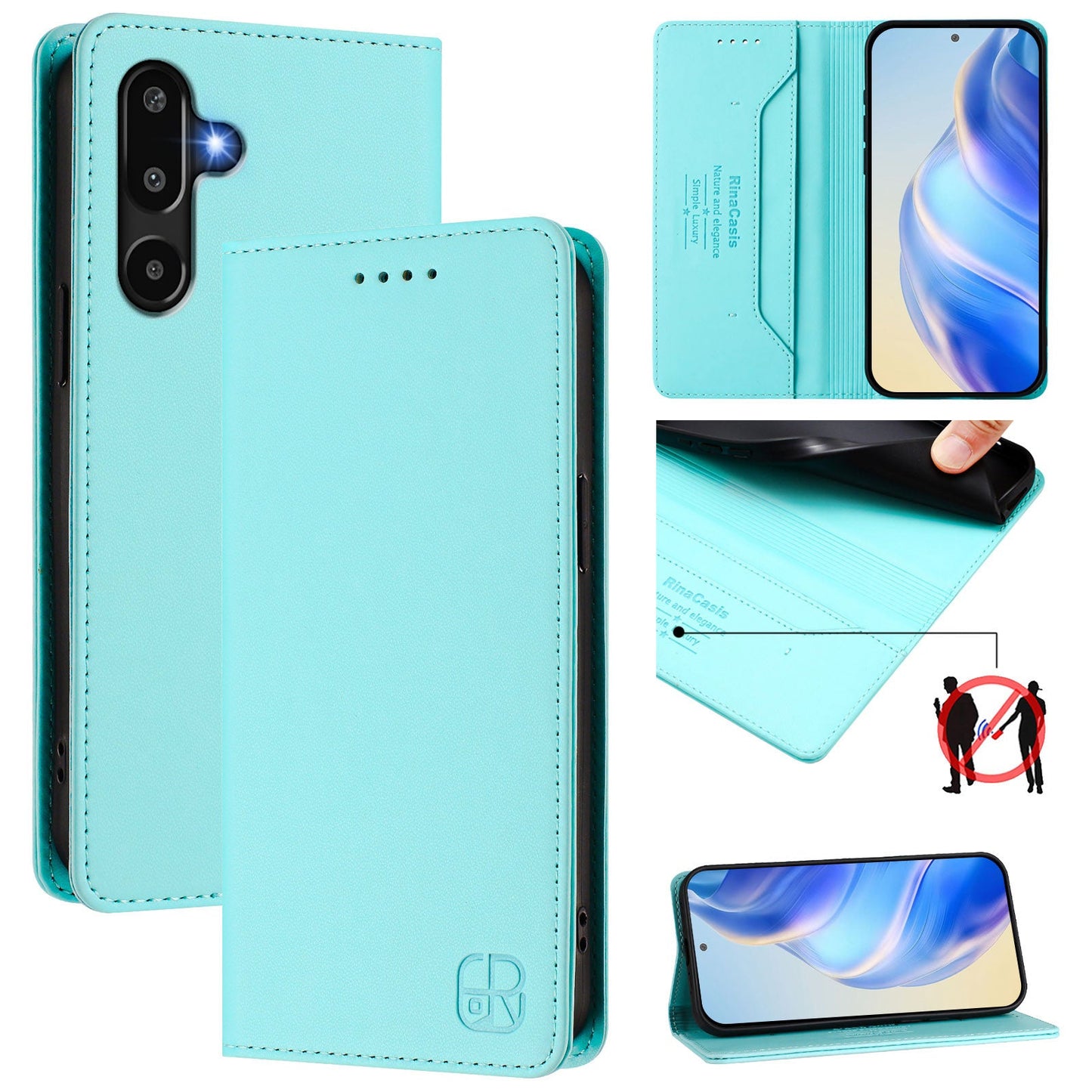 For Samsung Galaxy M16 5G / Galaxy F16 5G Leather Case RINACASIS RC01 Phone Cover with RFID Blocking Wallet Stand - Mint Green