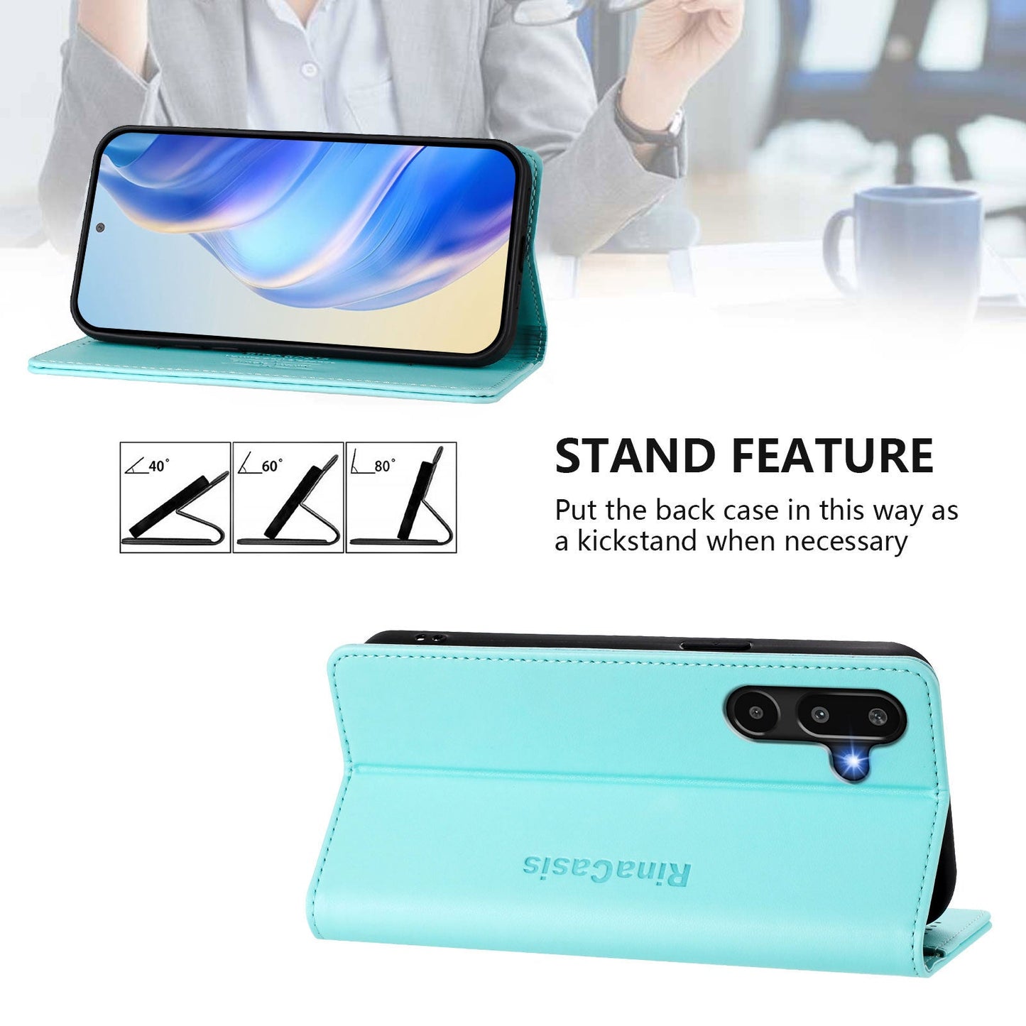 For Samsung Galaxy M16 5G / Galaxy F16 5G Leather Case RINACASIS RC01 Phone Cover with RFID Blocking Wallet Stand - Mint Green