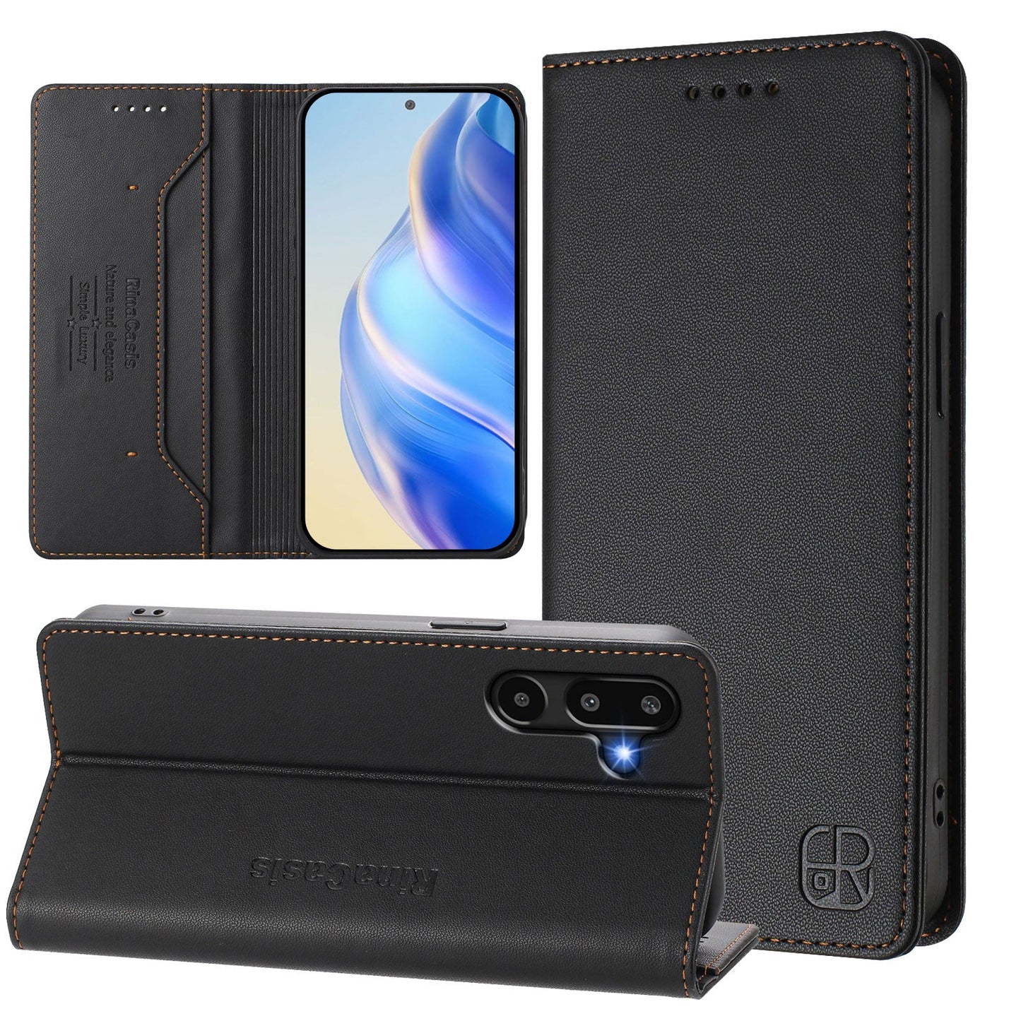 For Samsung Galaxy M16 5G / Galaxy F16 5G Leather Case RINACASIS RC01 Phone Cover with RFID Blocking Wallet Stand - Black