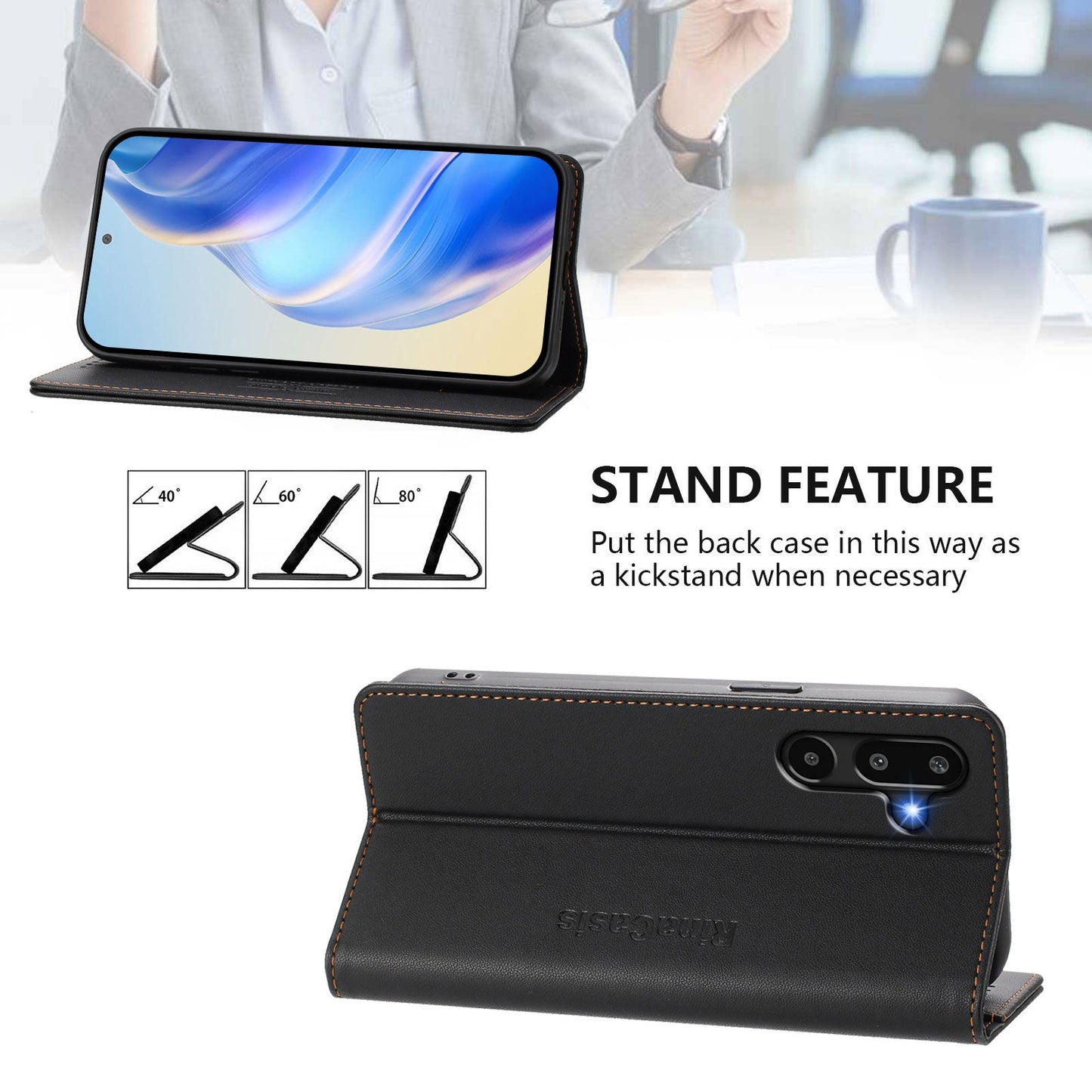 For Samsung Galaxy M16 5G / Galaxy F16 5G Leather Case RINACASIS RC01 Phone Cover with RFID Blocking Wallet Stand - Black
