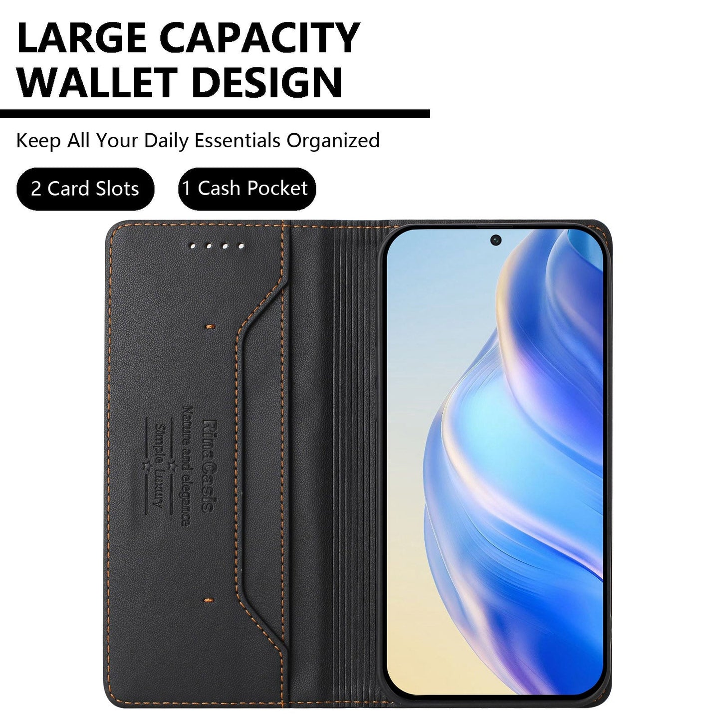For Samsung Galaxy M16 5G / Galaxy F16 5G Leather Case RINACASIS RC01 Phone Cover with RFID Blocking Wallet Stand - Black