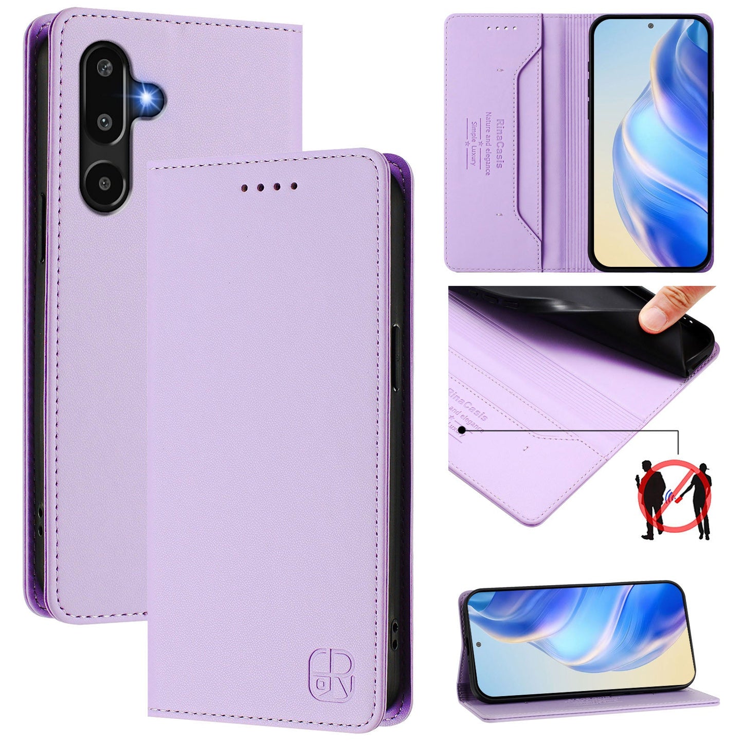 For Samsung Galaxy M16 5G / Galaxy F16 5G Leather Case RINACASIS RC01 Phone Cover with RFID Blocking Wallet Stand - Light Purple
