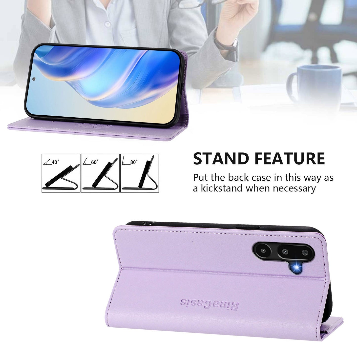 For Samsung Galaxy M16 5G / Galaxy F16 5G Leather Case RINACASIS RC01 Phone Cover with RFID Blocking Wallet Stand - Light Purple