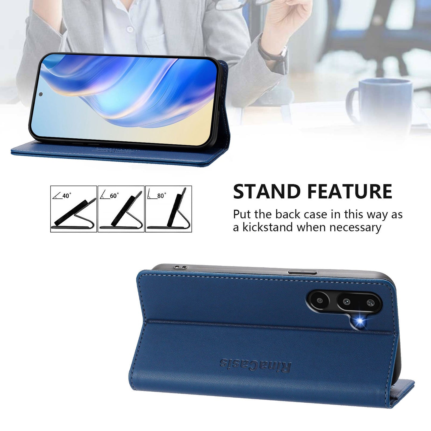 For Samsung Galaxy M16 5G / Galaxy F16 5G Leather Case RINACASIS RC01 Phone Cover with RFID Blocking Wallet Stand - Dark Blue