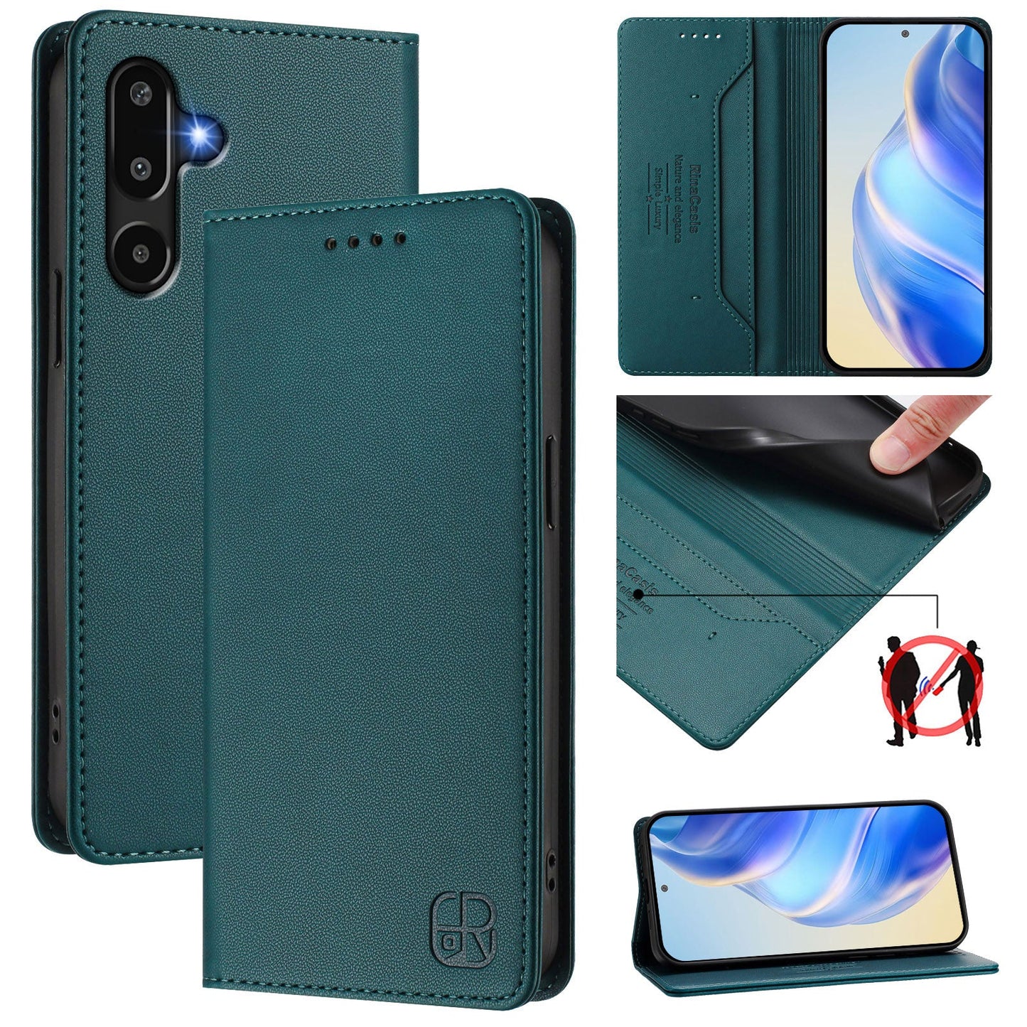 For Samsung Galaxy M16 5G / Galaxy F16 5G Leather Case RINACASIS RC01 Phone Cover with RFID Blocking Wallet Stand - Dark Green
