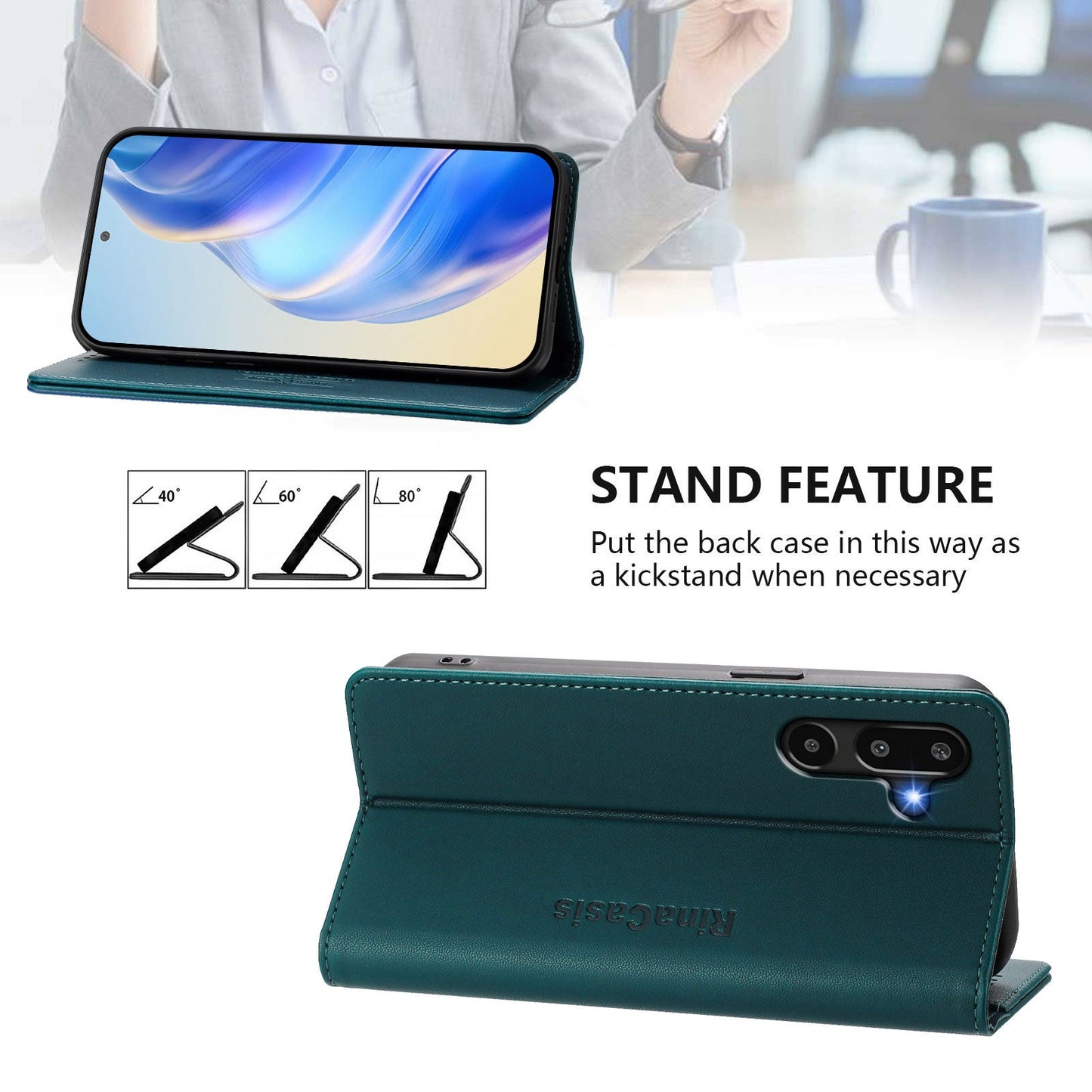 For Samsung Galaxy M16 5G / Galaxy F16 5G Leather Case RINACASIS RC01 Phone Cover with RFID Blocking Wallet Stand - Dark Green