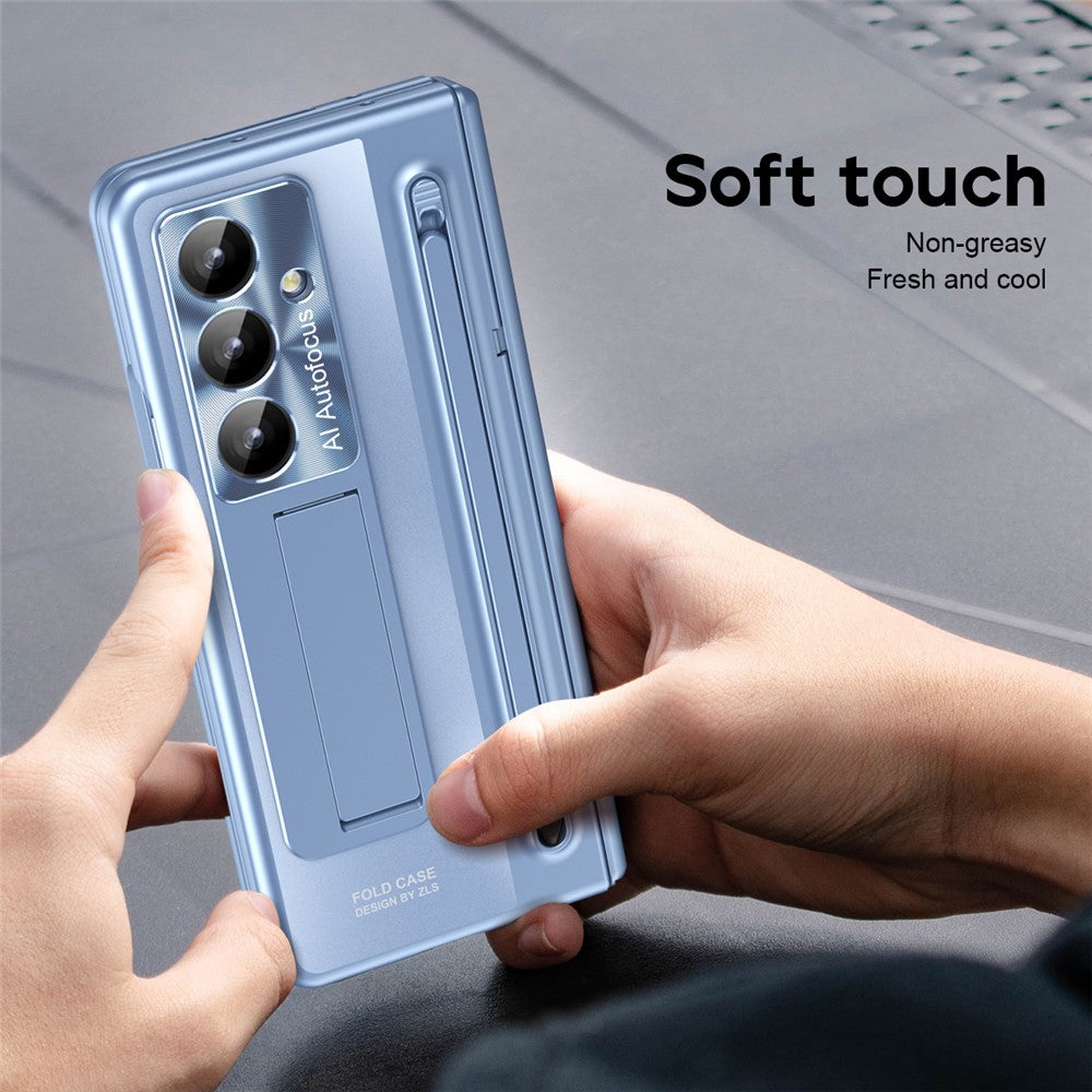 For Samsung Galaxy Z Fold7 5G Case Kickstand Hinge PC Phone Cover with Tempered Glass Film, Stylus - Blue