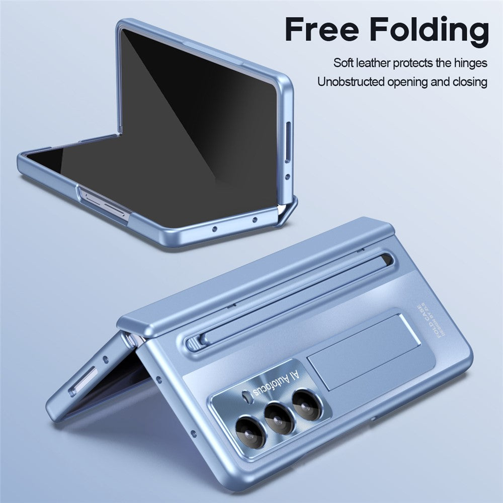 For Samsung Galaxy Z Fold7 5G Case Kickstand Hinge PC Phone Cover with Tempered Glass Film, Stylus - Blue