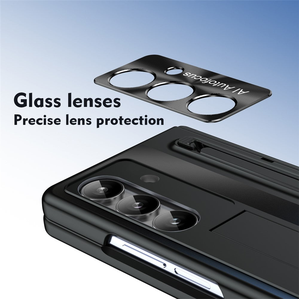 For Samsung Galaxy Z Fold7 5G Case Kickstand Hinge PC Phone Cover with Tempered Glass Film, Stylus - Black