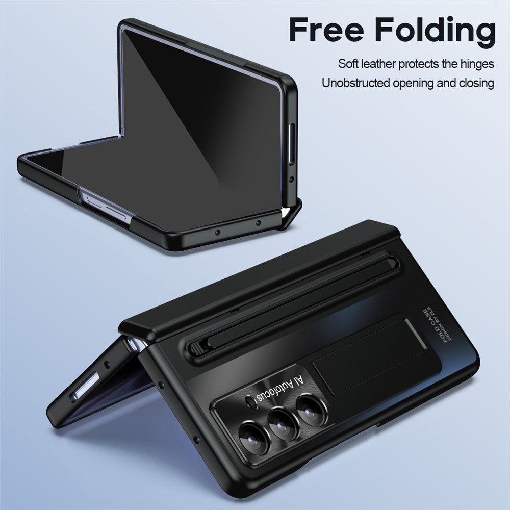 For Samsung Galaxy Z Fold7 5G Case Kickstand Hinge PC Phone Cover with Tempered Glass Film, Stylus - Black