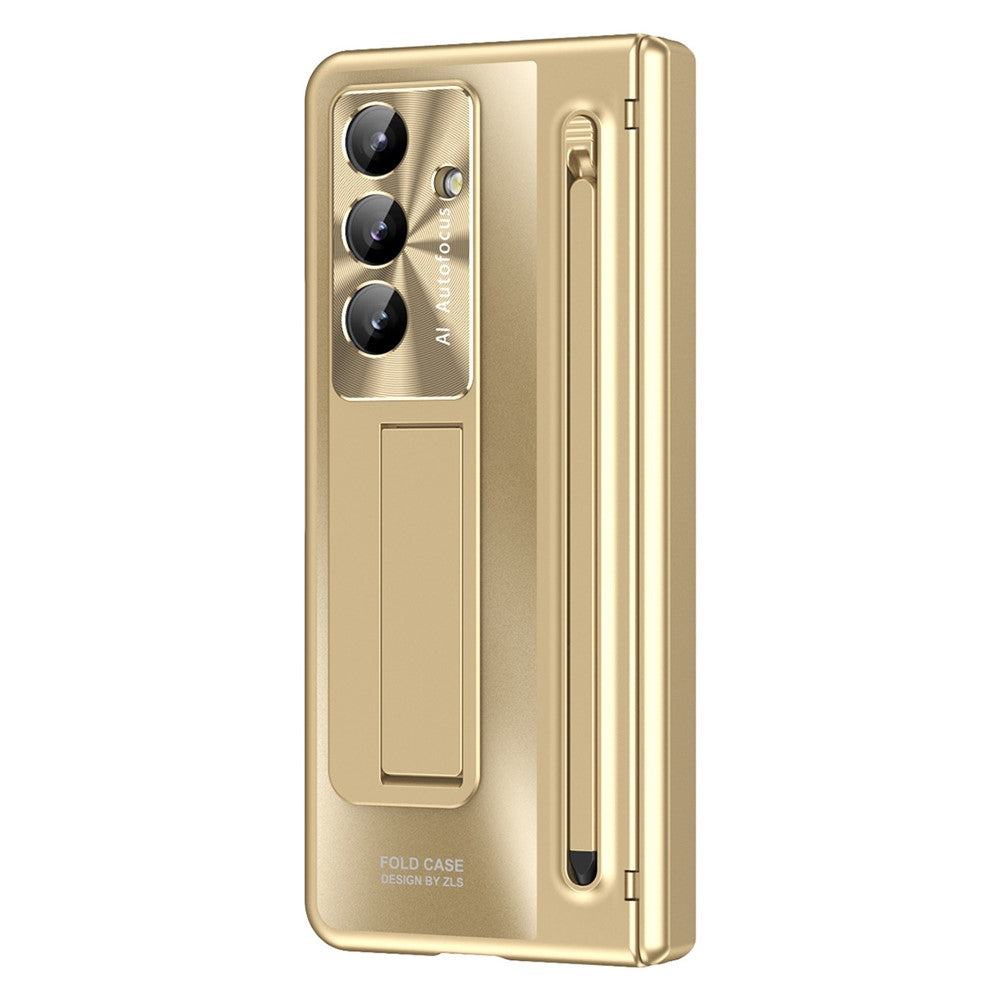 For Samsung Galaxy Z Fold7 5G Case Kickstand Hinge PC Phone Cover with Tempered Glass Film, Stylus - Gold