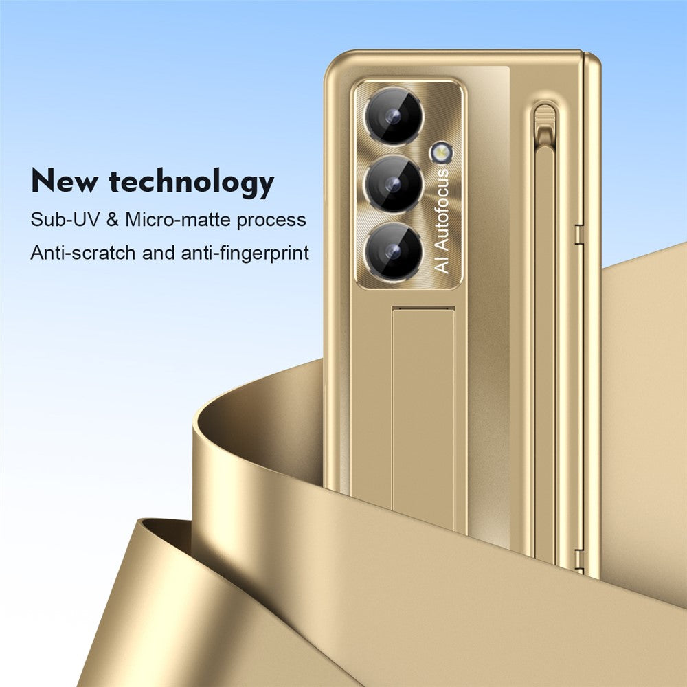 For Samsung Galaxy Z Fold7 5G Case Kickstand Hinge PC Phone Cover with Tempered Glass Film, Stylus - Gold