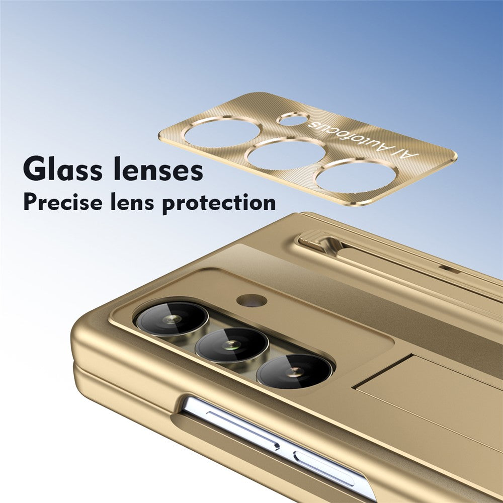 For Samsung Galaxy Z Fold7 5G Case Kickstand Hinge PC Phone Cover with Tempered Glass Film, Stylus - Gold