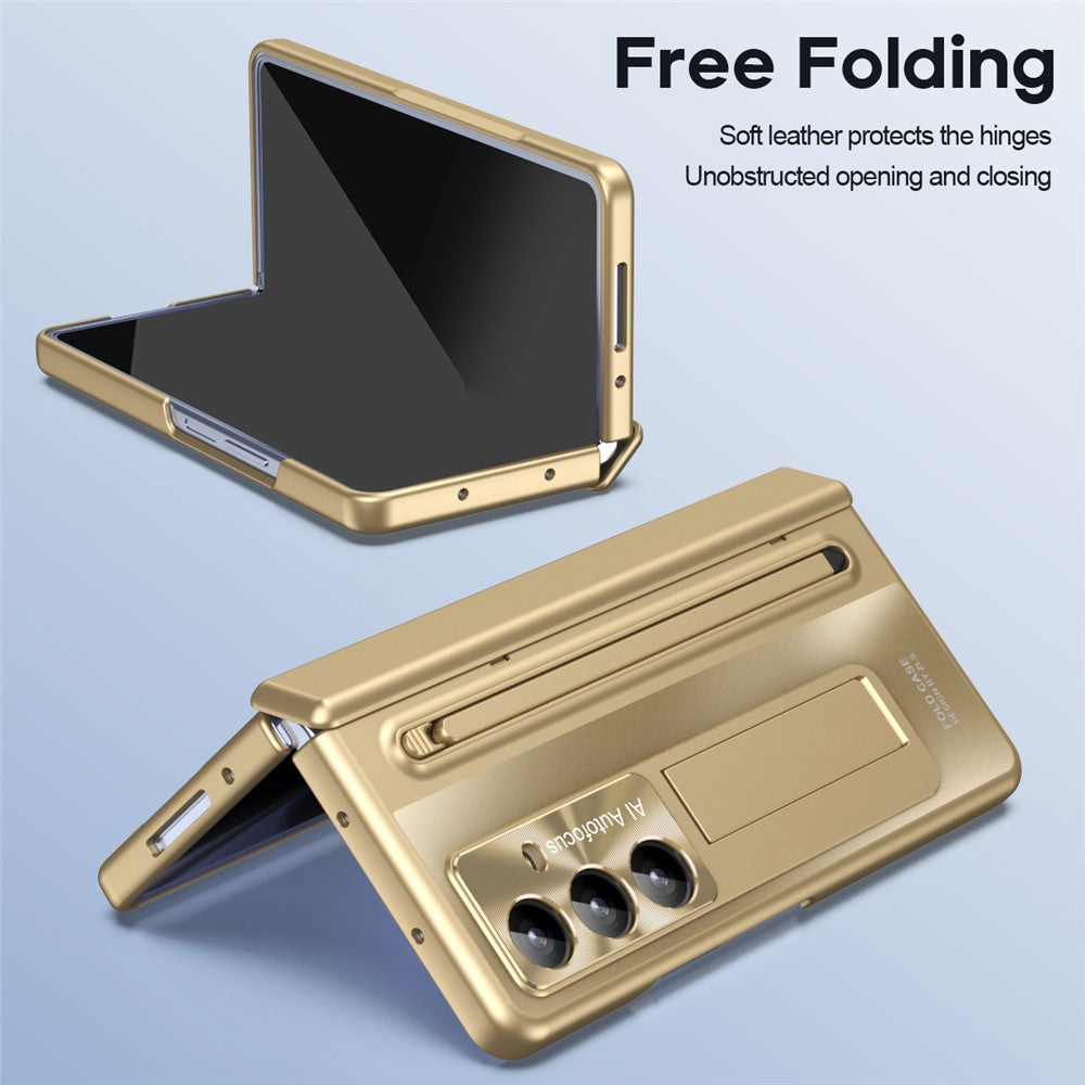 For Samsung Galaxy Z Fold7 5G Case Kickstand Hinge PC Phone Cover with Tempered Glass Film, Stylus - Gold