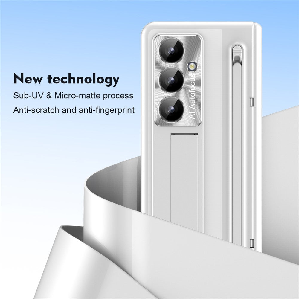 For Samsung Galaxy Z Fold7 5G Case Kickstand Hinge PC Phone Cover with Tempered Glass Film, Stylus - White