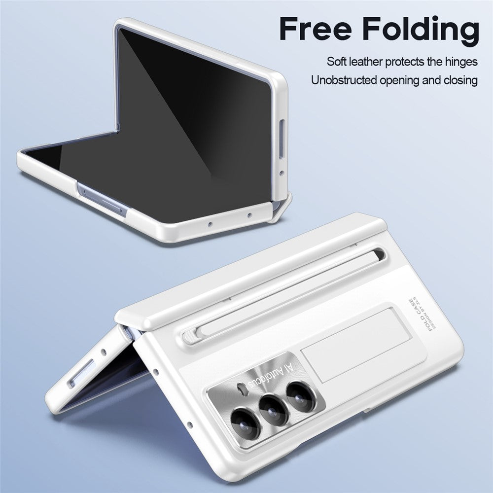 For Samsung Galaxy Z Fold7 5G Case Kickstand Hinge PC Phone Cover with Tempered Glass Film, Stylus - White