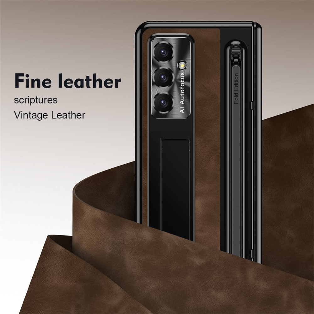 For Samsung Galaxy Z Fold7 5G Case Pen Slot Leather + PC Kickstand Phone Cover with Tempered Glass Film, Stylus - Coffee