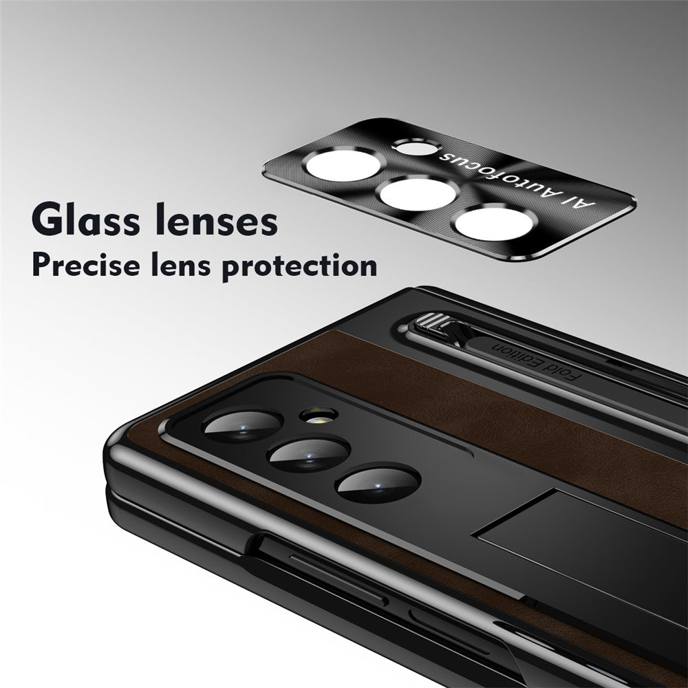 For Samsung Galaxy Z Fold7 5G Case Pen Slot Leather + PC Kickstand Phone Cover with Tempered Glass Film, Stylus - Coffee