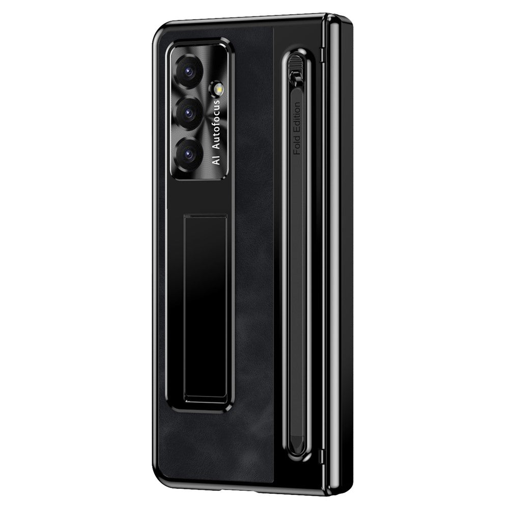 For Samsung Galaxy Z Fold7 5G Case Pen Slot Leather + PC Kickstand Phone Cover with Tempered Glass Film, Stylus - Black