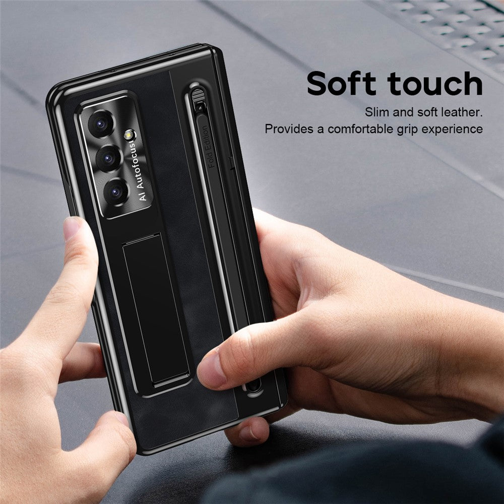 For Samsung Galaxy Z Fold7 5G Case Pen Slot Leather + PC Kickstand Phone Cover with Tempered Glass Film, Stylus - Black