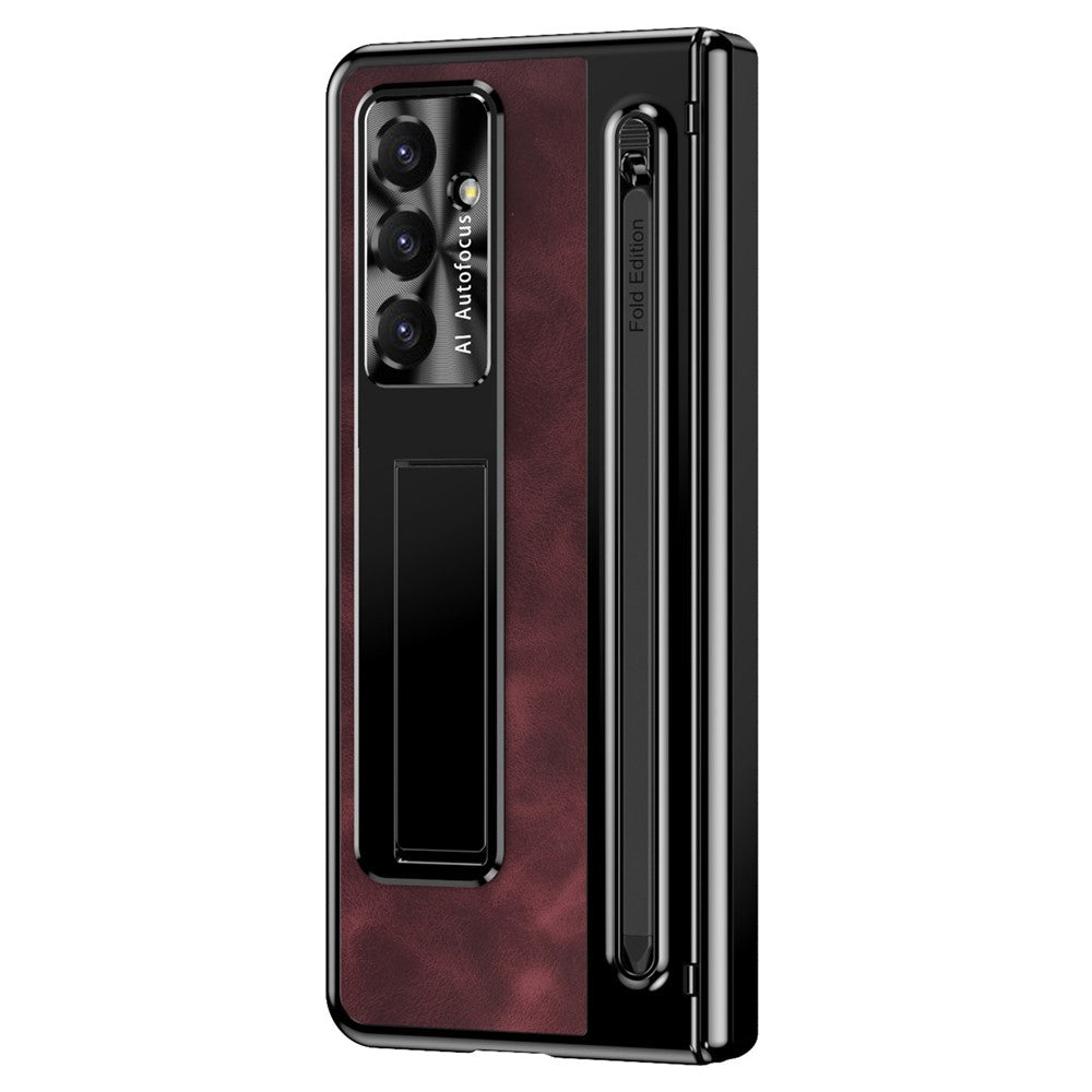 For Samsung Galaxy Z Fold7 5G Case Pen Slot Leather + PC Kickstand Phone Cover with Tempered Glass Film, Stylus - Wine Red