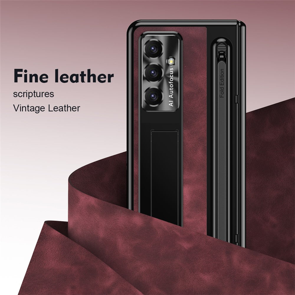 For Samsung Galaxy Z Fold7 5G Case Pen Slot Leather + PC Kickstand Phone Cover with Tempered Glass Film, Stylus - Wine Red